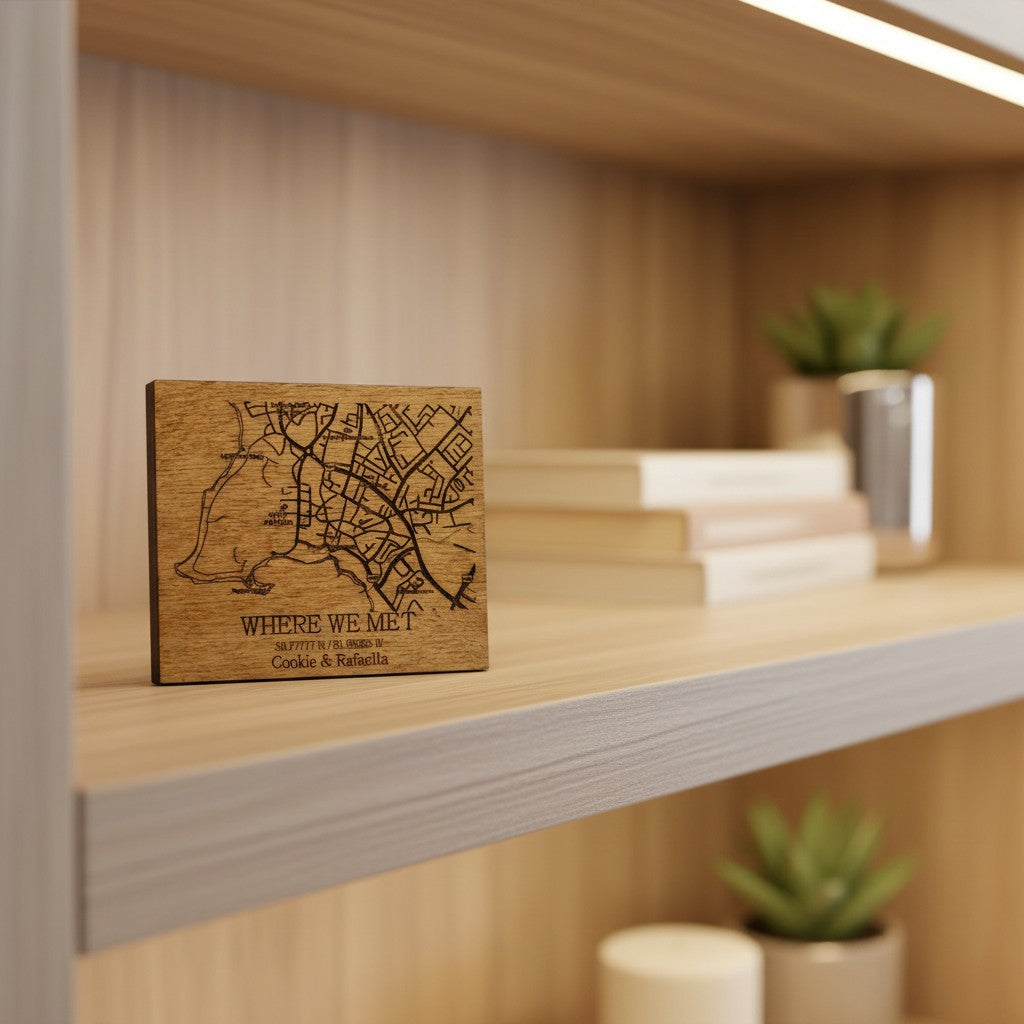Custom Wooden Map Magnet – Personalized “Where We Met” Location Gift