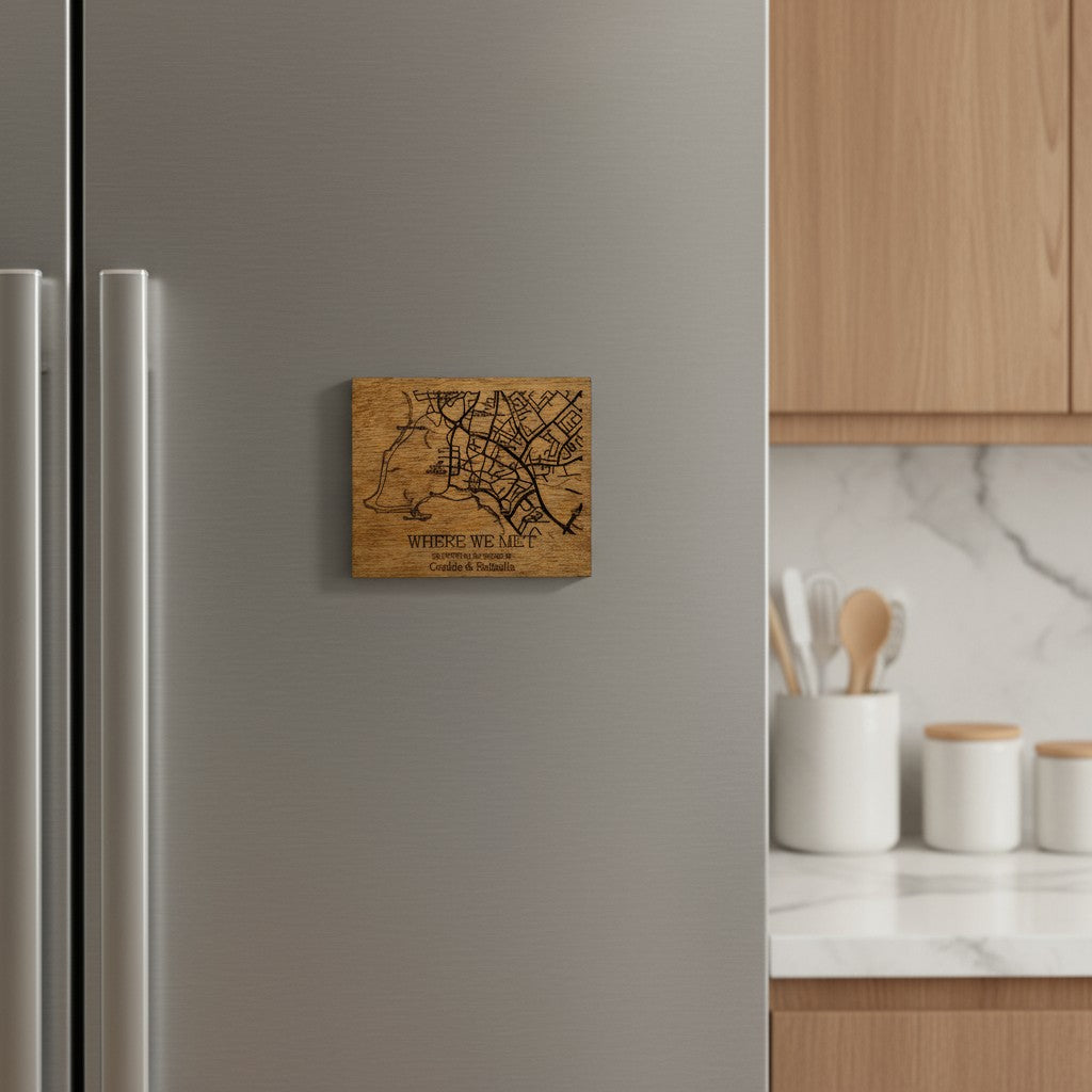 Custom Wooden Map Magnet – Personalized “Where We Met” Location Gift