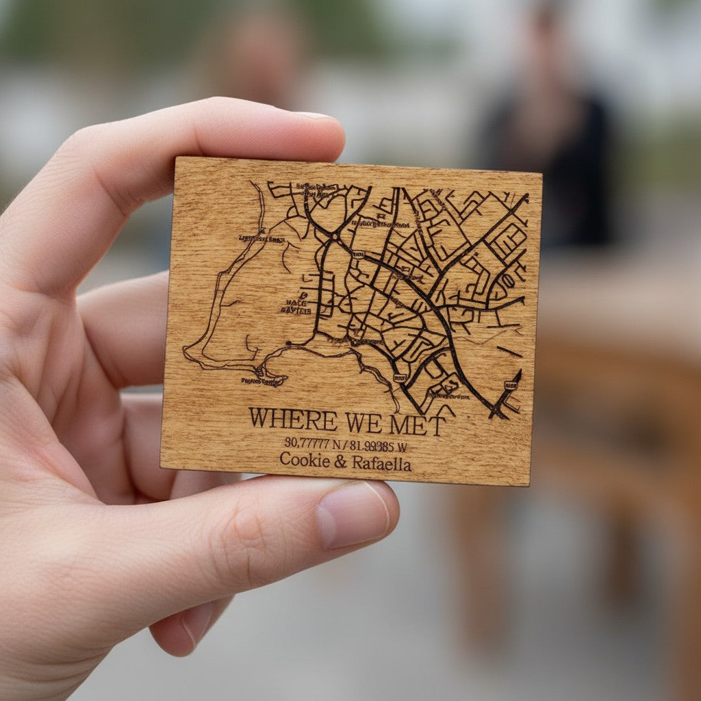 Custom Wooden Map Magnet – Personalized “Where We Met” Location Gift