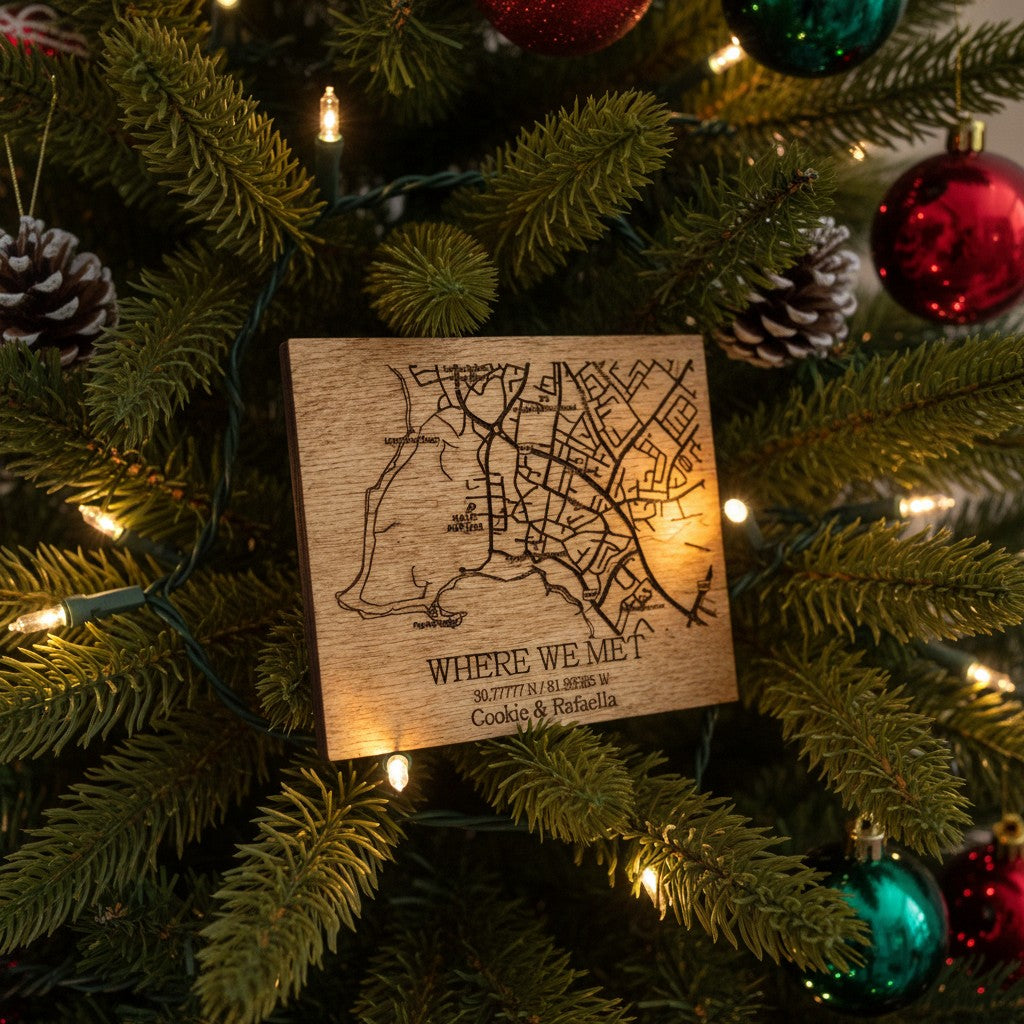 Custom Wooden Map Magnet – Personalized “Where We Met” Location Gift
