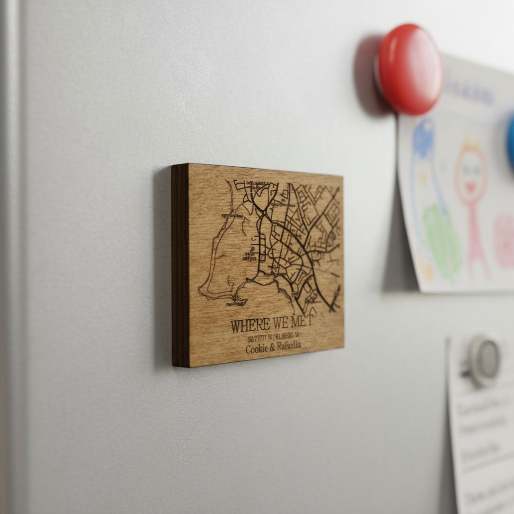 Custom Wooden Map Magnet – Personalized “Where We Met” Location Gift