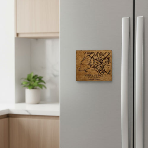 Custom Wooden Map Magnet – Personalized “Where We Met” Location Gift