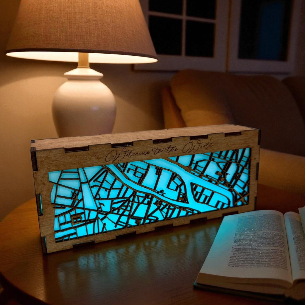 Custom LED Map Light Box – Personalized Wooden City Map with Engraved Message