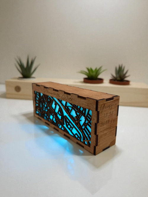 Custom LED Map Light Box – Personalized Wooden City Map with Engraved Message