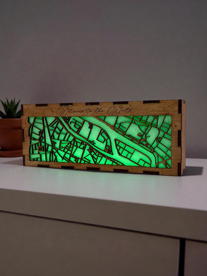 Custom LED Map Light Box – Personalized Wooden City Map with Engraved Message